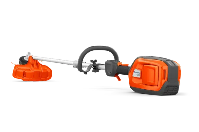 Zijaanzicht van een Husqvarna grastrimmer op batterijen.