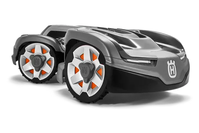 Zijaanzicht van een Husqvarna robotmaaier met onderscheidend wielontwerp.
