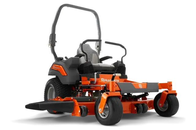 Vooraanzicht van een Husqvarna zero-turn zitmaaier.